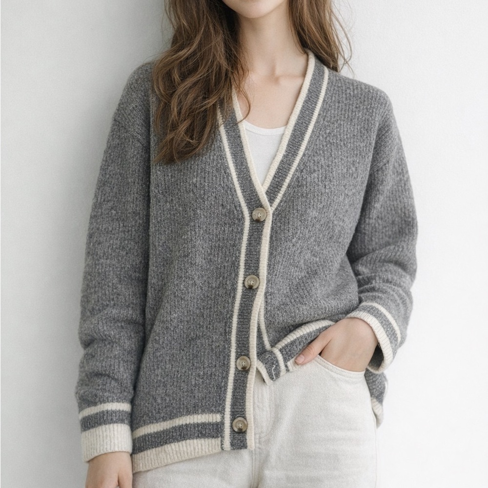 a new day Gray Cardigan with Cream Trim